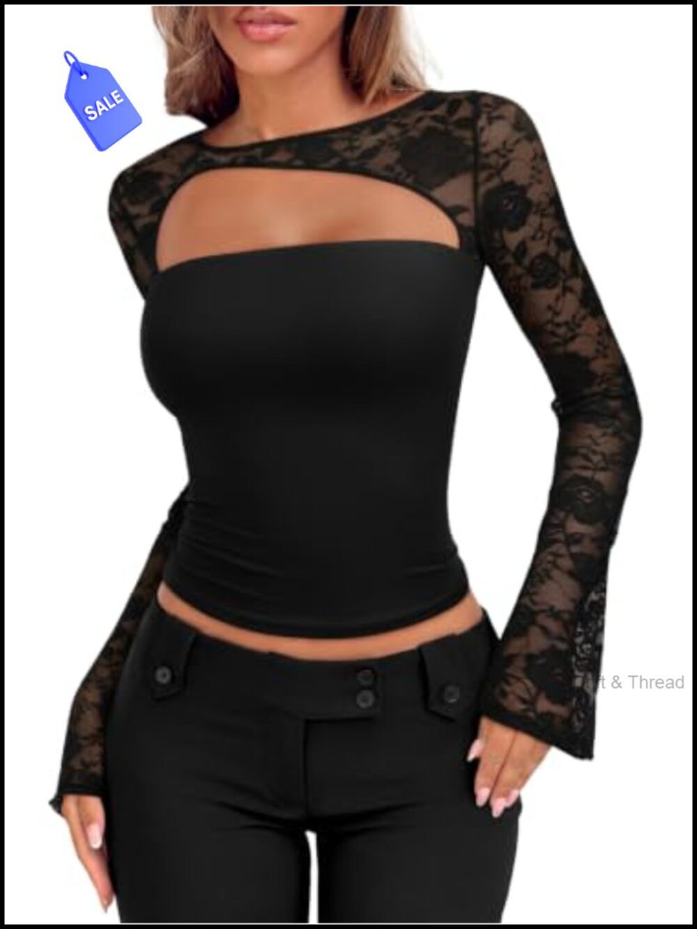 Women's Lace Going Out Top Long Sleeve Crew Neck Slim Fit Y2K Party Shirt